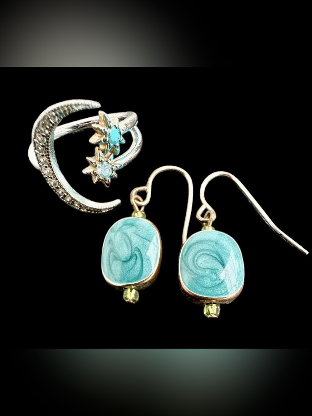 925 Sterling Silver Moon & Stars Ring And Turquoise Fashion Earrings